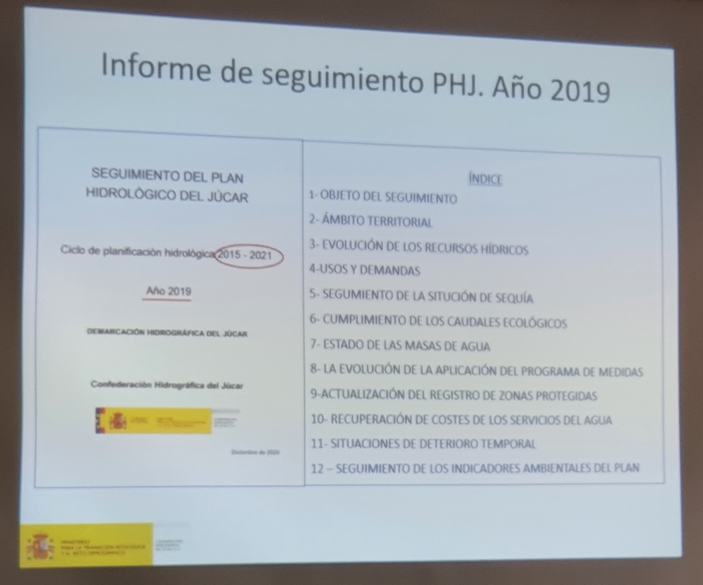 Pantalla de presentación del informe de seguimiento del PHJ, año 2019