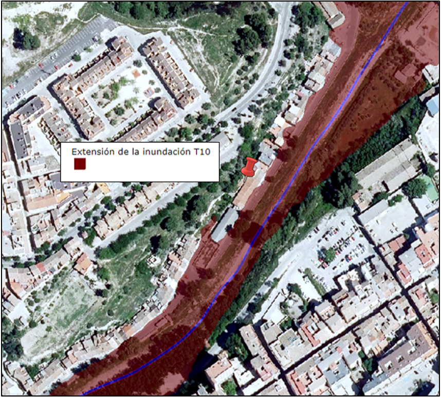 Mapa de afección al barrio de Canterería de las áreas de inundación T 10