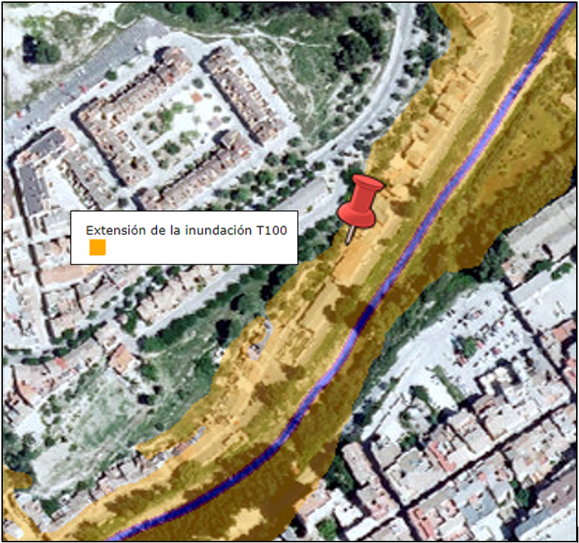 Mapa de afección al barrio de Canterería de las áreas de inundación T 100