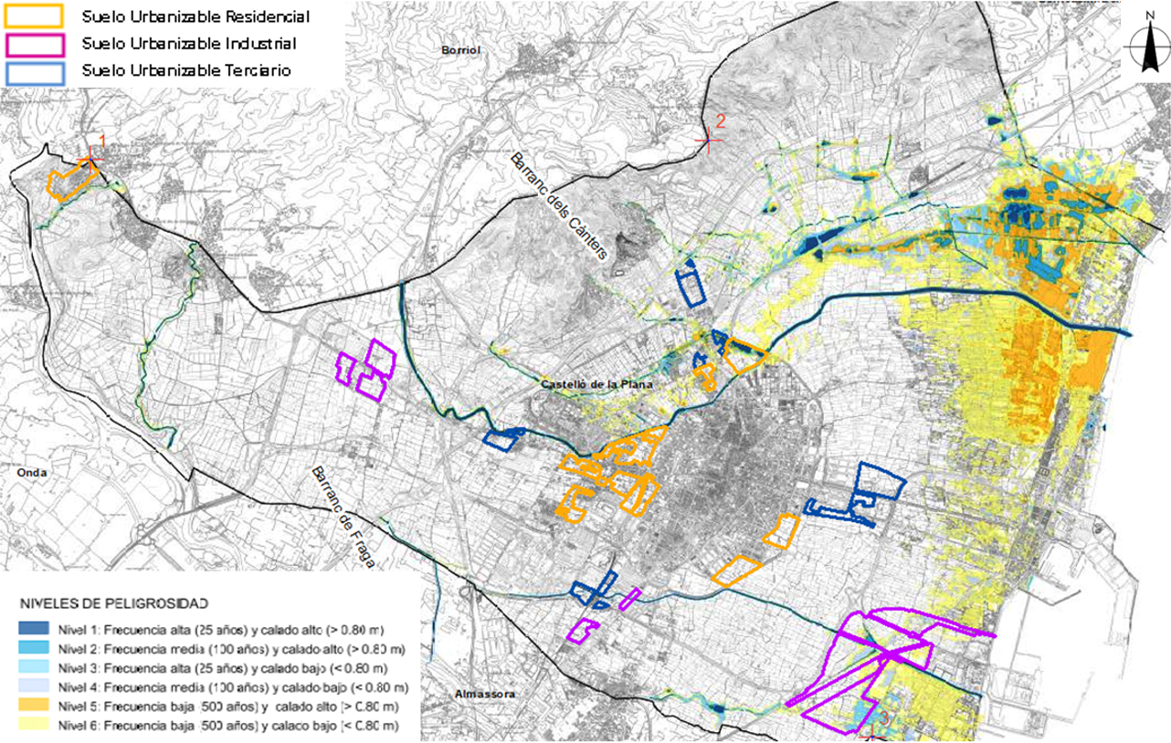 Mapa de los niveles de peligrosidad por inundación identificados en el estudio de inundabilidad relativo al Plan General