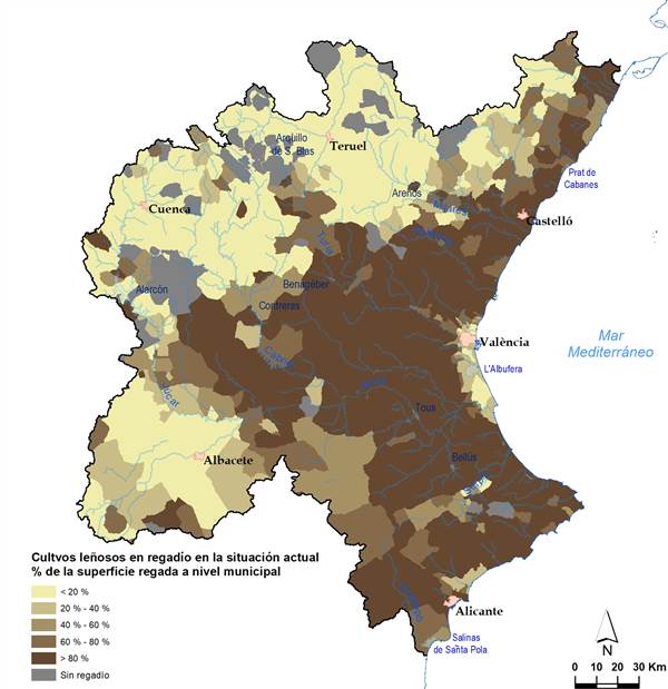 Mapa de distribución de la superficie cultivada en  leñosos de regadío respecto la superficie regada total