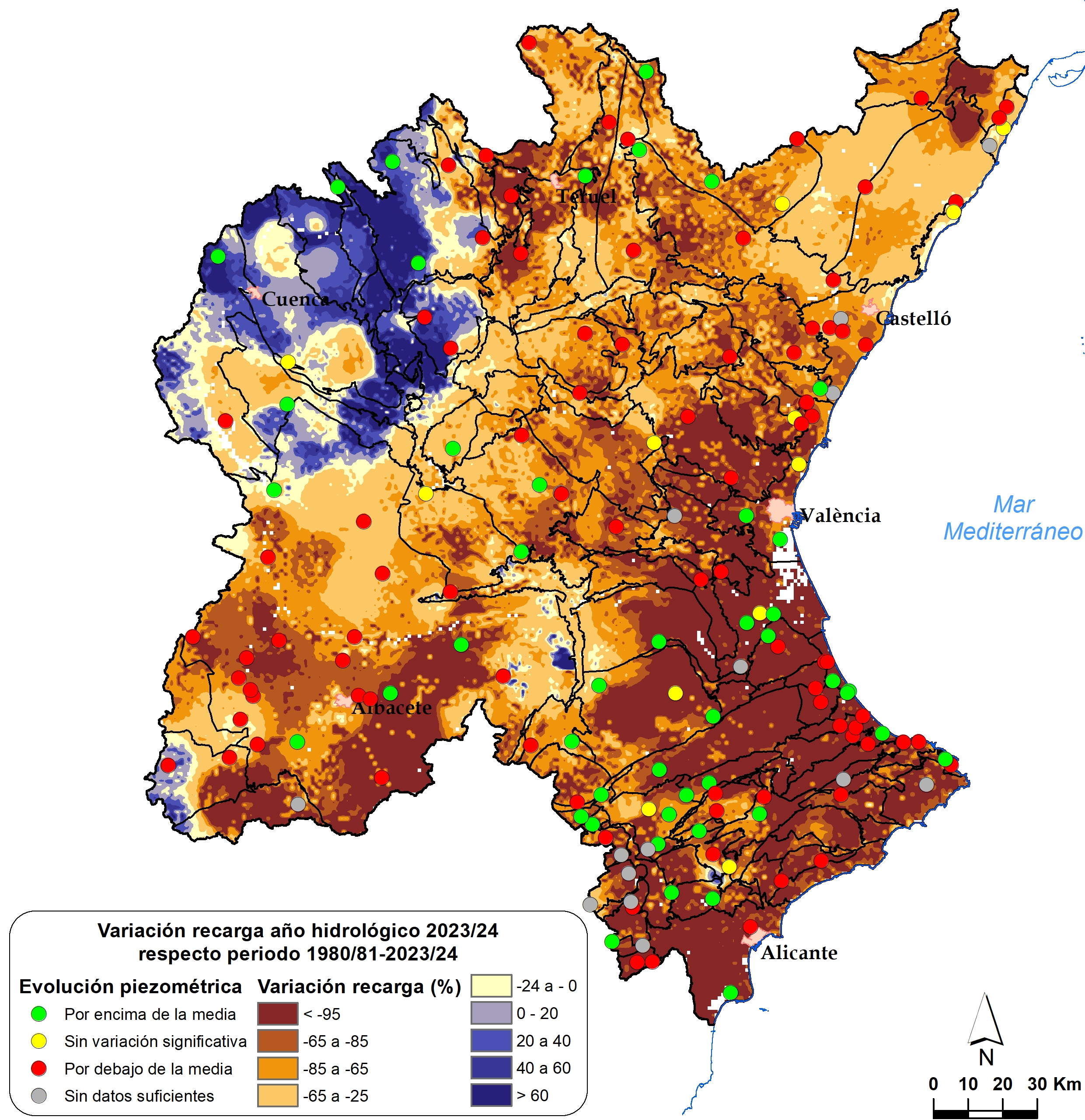 Evolución piexzométrica año 2021/22 y variación de la precipitación respecto a la media del periodo 1980/81 - 2021/22
