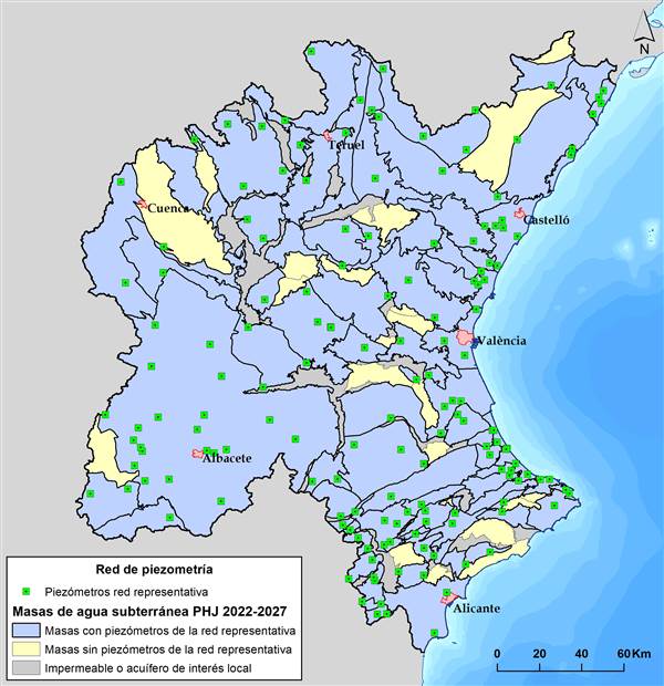 Mapa de la red de piezometría de la Confederación Hidrográfica del Júcar