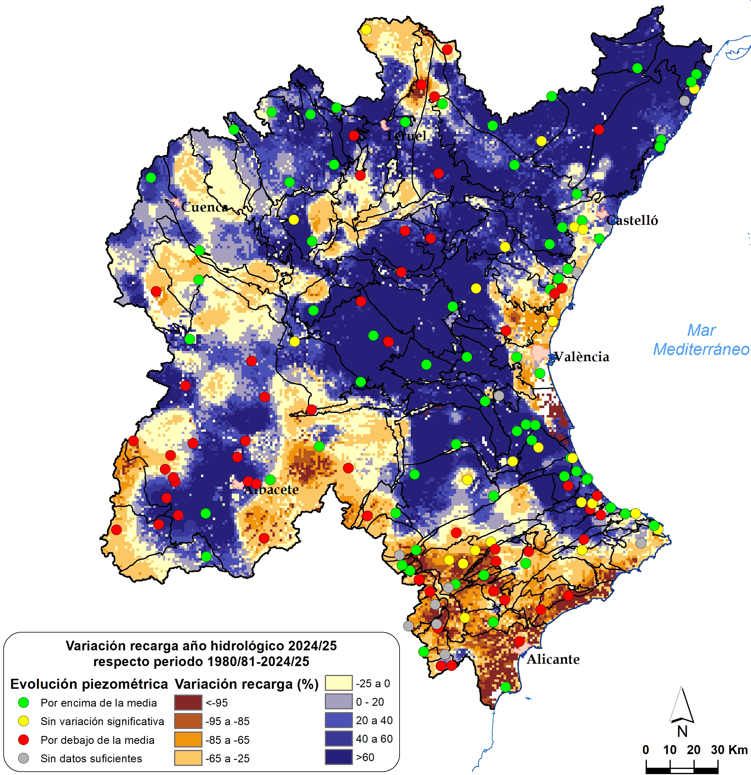 Evolución piexzométrica año 2021/22 y variación de la precipitación respecto a la media del periodo 1980/81 - 2021/22