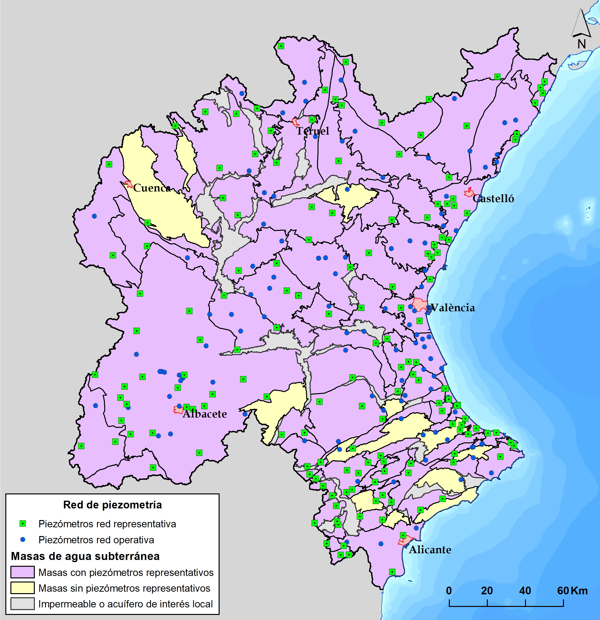 Mapa de la red de piezometría de la Confederación Hidrográfica del Júcar