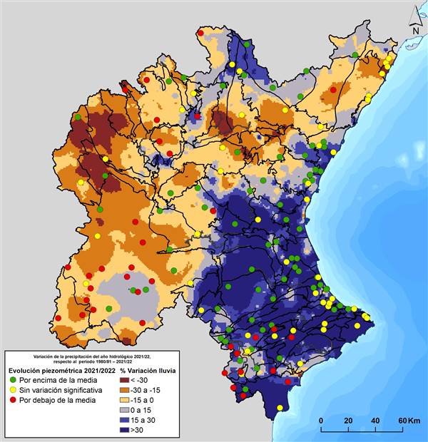 Evolución piexzométrica año 2021/22 y variación de la precipitación respecto a la media del periodo 1980/81 - 2021/22